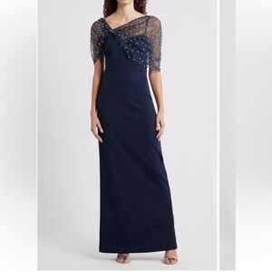 ✨NEW✨Eliza J Pearl Detail Mesh Gown Maxi Dress in Navy Blue Size 12